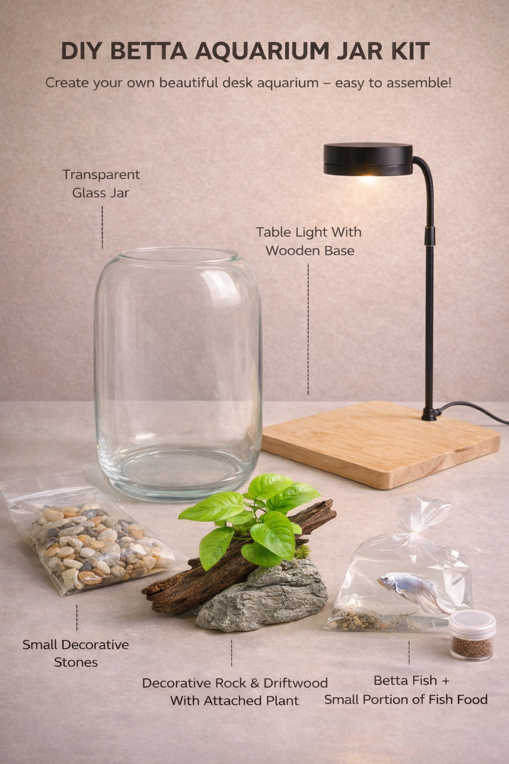 DIY Betta Aquarium Jar Kit – Minimal Desk Aquascape with Light